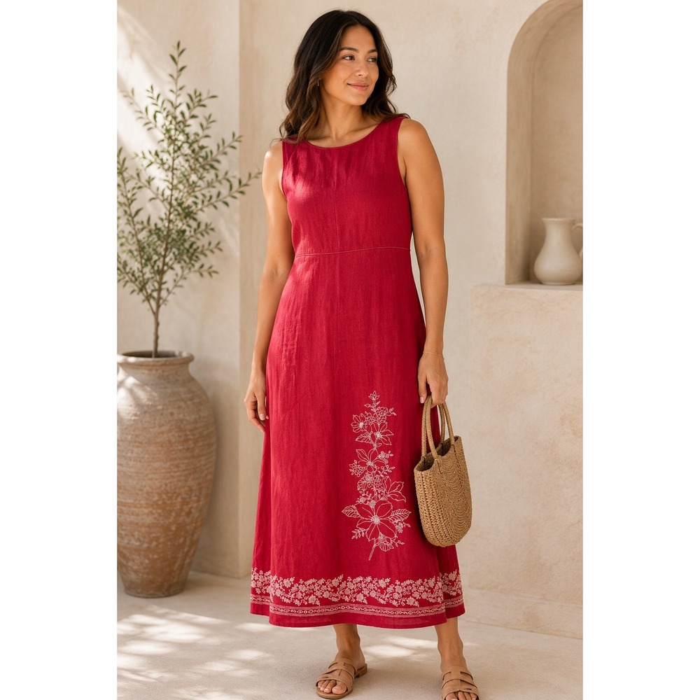 Talbots‎ Linen Maxi Dress Red Floral Print A-Line Resort Coastal Romantic Size 4